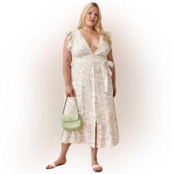 Reformation Dresses & Skirts - REFORMATION Lili Linen Cream & Blue Button Front Tie Waist Dress Size 18